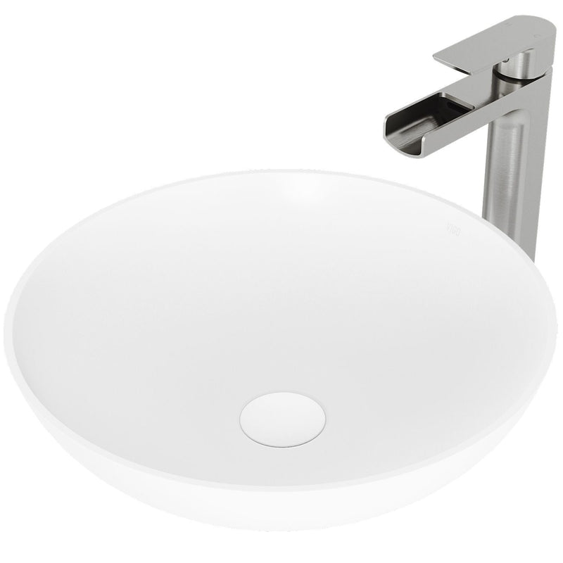 VIGO Lotus MatteStone Round White Composite Bathroom Sink/Basin Set with Amada Faucet and Pop-Up Drain R5