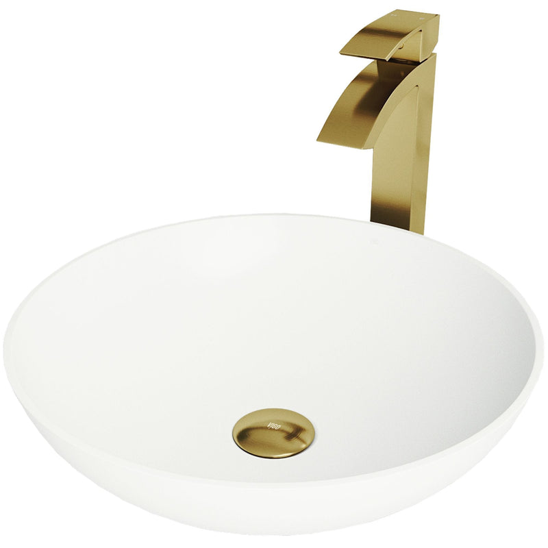 VIGO Lotus MatteStone Round White Composite Bathroom Sink/Basin Set with Duris Faucet and Pop-Up Drain Q1