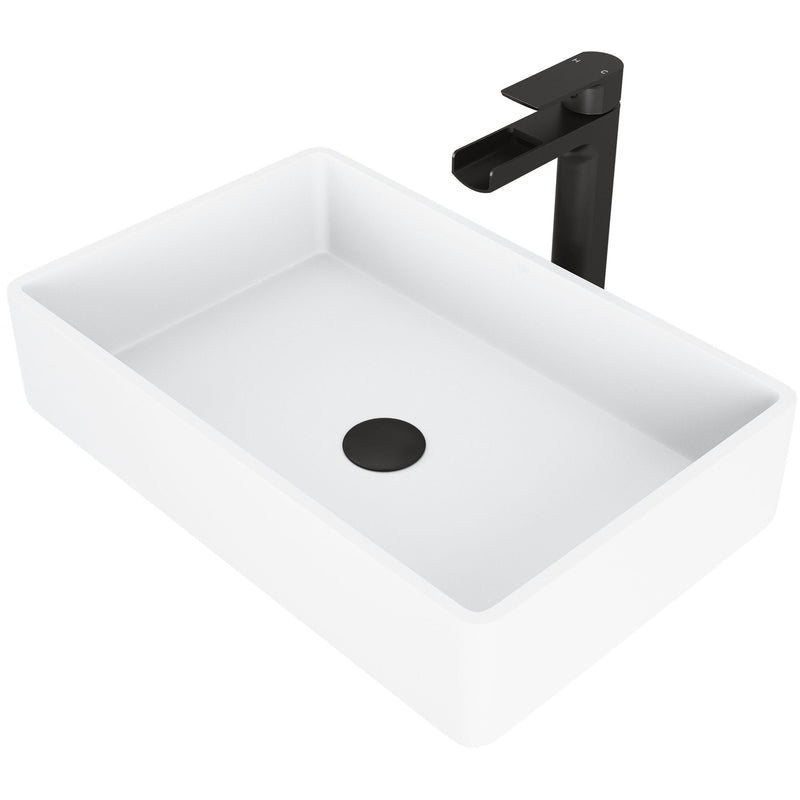 VIGO Magnolia MatteStone White Bathroom Sink/Basin Set with Amada Faucet and Rectangular Composite Vessel Q9