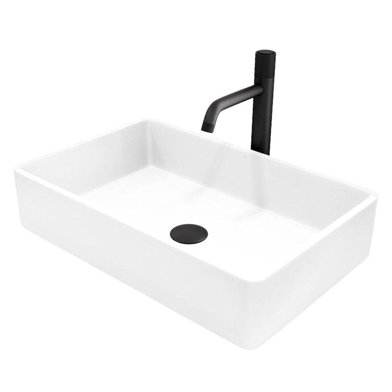 VIGO Magnolia MatteStone White Bathroom Sink/Basin Set with Apollo Faucet and Rectangular Composite Vessel U8
