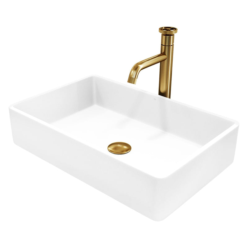 VIGO Magnolia MatteStone White Bathroom Sink/Basin Set with Cass Faucet and Rectangular Composite Vessel J8