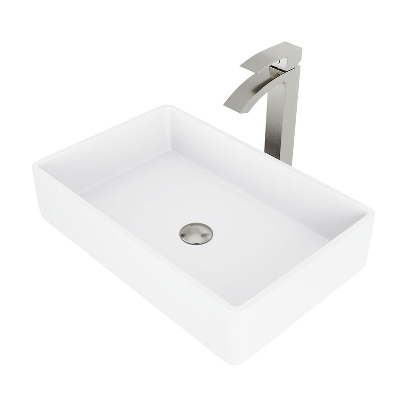 VIGO Magnolia MatteStone White Bathroom Sink/Basin Set with Duris Faucet and Rectangular Composite Vessel U2