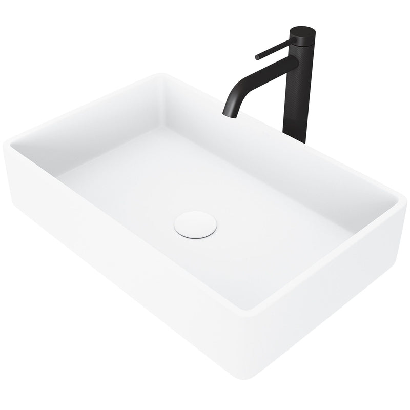 VIGO Magnolia MatteStone White Bathroom Sink/Basin Set with Lexington Faucet and Rectangular Composite Vessel Z9