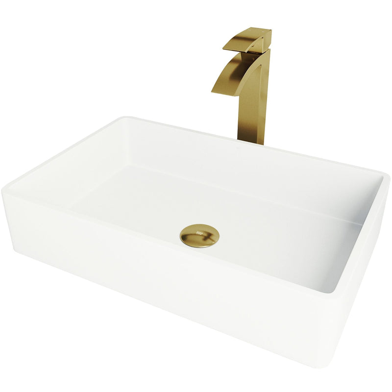 VIGO Magnolia MatteStone White Bathroom Sink/Basin Set with Matte Gold Duris Faucet and Rectangular Composite Vessel Y6