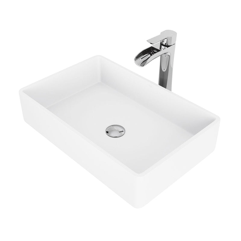 VIGO Magnolia MatteStone White Bathroom Sink/Basin Set with Niko Faucet and Rectangular Composite Vessel T1