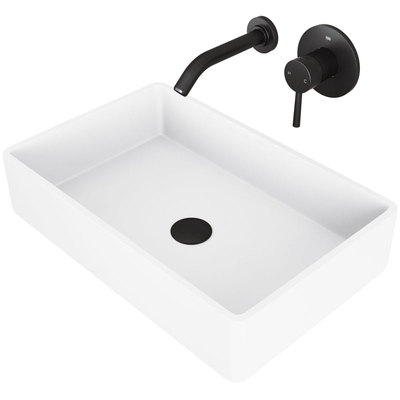 VIGO Magnolia MatteStone White Bathroom Sink/Basin Set with Olus Wall Mount Faucet and Rectangular Composite Vessel J9