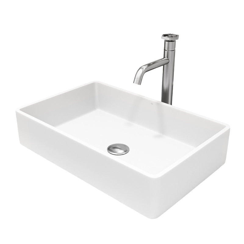VIGO Magnolia MatteStone White Bathroom Sink/Basin Set with Ruxton Faucet and Rectangular Composite Vessel P6