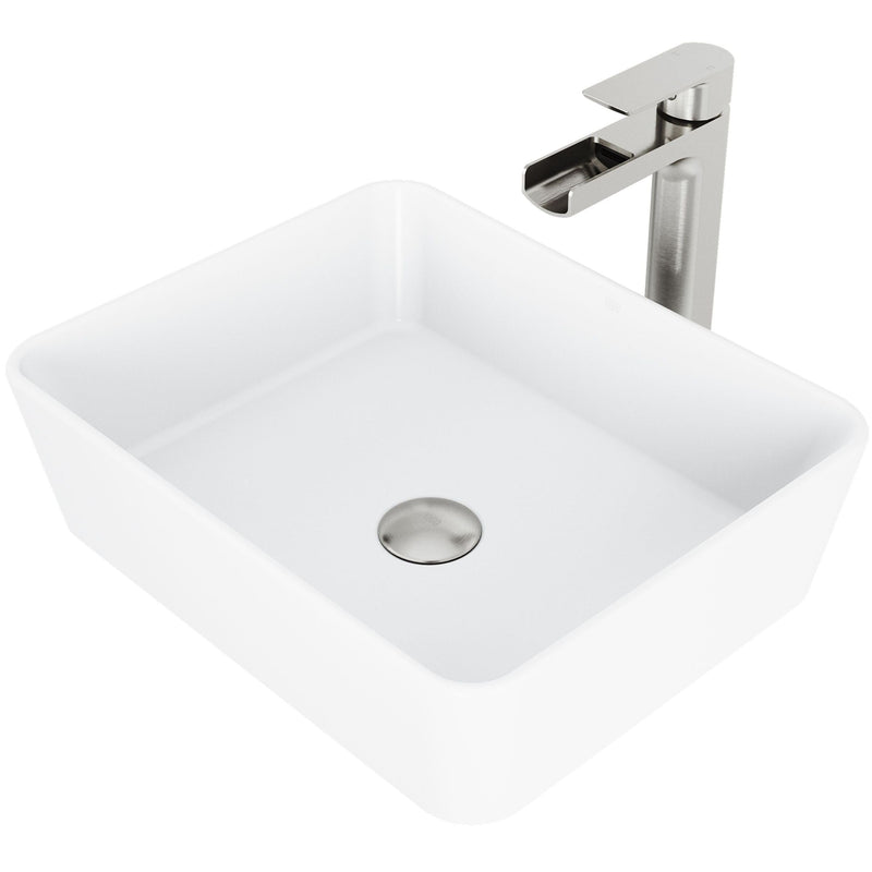 VIGO Marigold MatteStone Matte White Bathroom Sink/Basin Set with Amada Faucet and Rectangular Composite Vessel K2