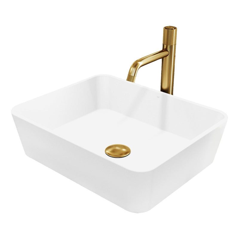 VIGO Marigold MatteStone Matte White Bathroom Sink/Basin Set with Apollo Faucet and Rectangular Composite Vessel P2