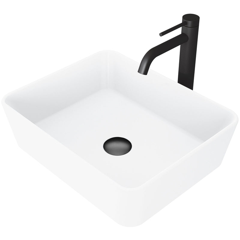 VIGO Marigold MatteStone Matte White Bathroom Sink/Basin Set with Lexington Faucet and Rectangular Composite Vessel E3
