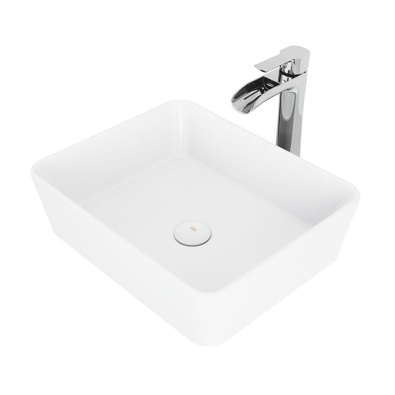 VIGO Marigold MatteStone Matte White Bathroom Sink/Basin Set with Niko Faucet and Rectangular Composite Vessel A5