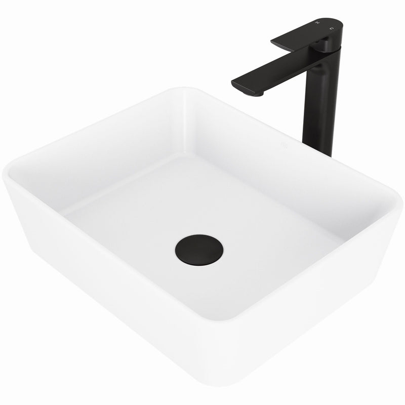 VIGO Marigold MatteStone Matte White Bathroom Sink/Basin Set with Norfolk Faucet and Rectangular Composite Vessel F3