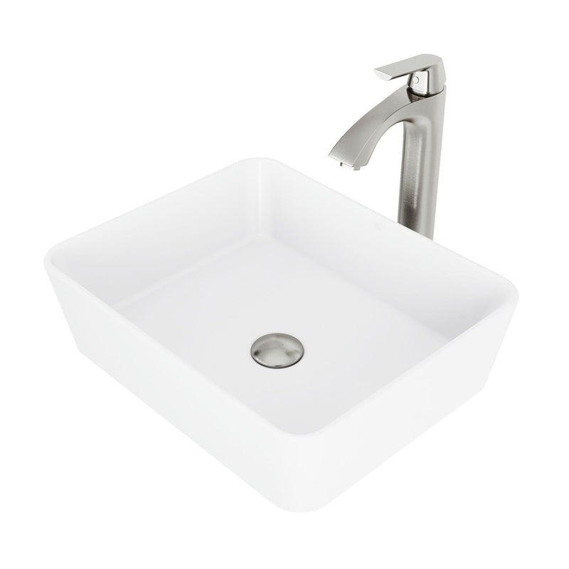 VIGO Marigold MatteStone White Bathroom Sink/Basin Set with Linus Faucet and Rectangular Composite Vessel X7