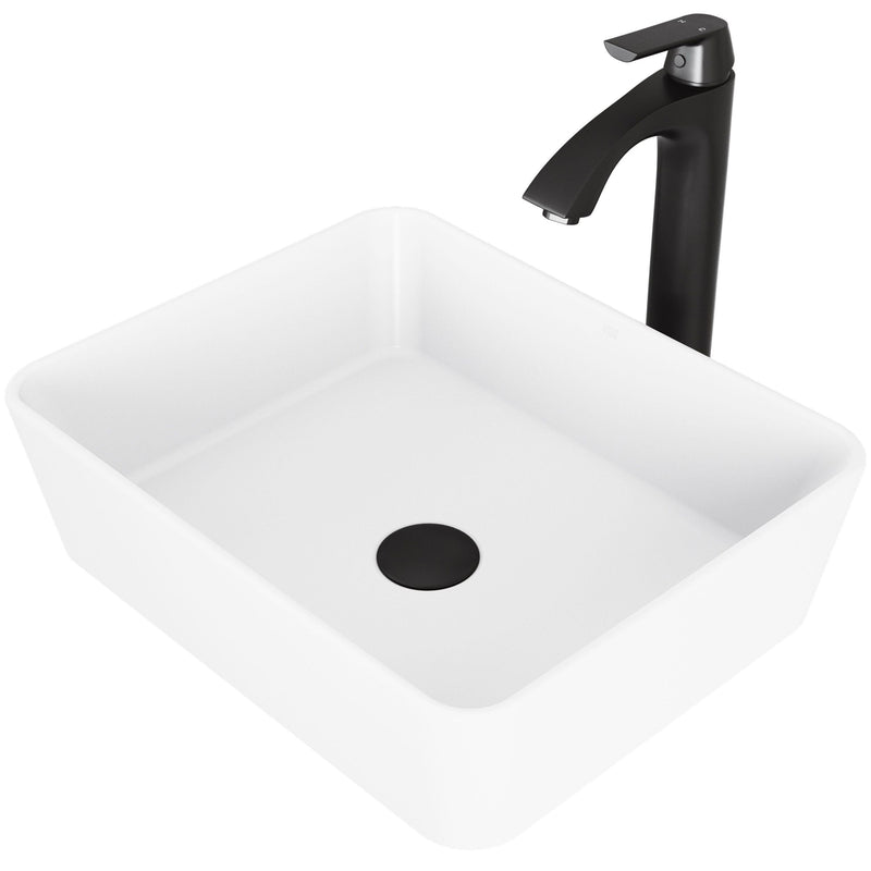 VIGO Marigold MatteStone White Bathroom Sink/Basin Set with Matte Black Linus Faucet and Rectangular Composite Vessel T6