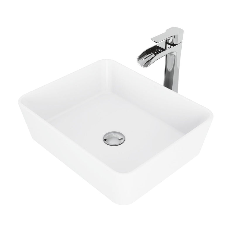 VIGO Marigold MatteStone White Bathroom Sink/Basin Set with Niko Faucet and Rectangular Composite Vessel L9
