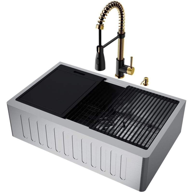 VIGO Oxford 33-in Single-Bowl Gold/Black Farmhouse Sink with Brant Faucet W8
