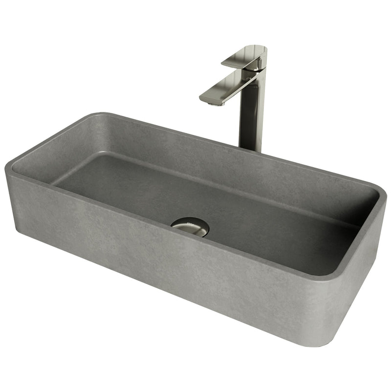 VIGO Palazzo Gothic ConcretoStone Grey Bathroom Sink/Basin Set with Niko Faucet and Rectangular Vessel R5