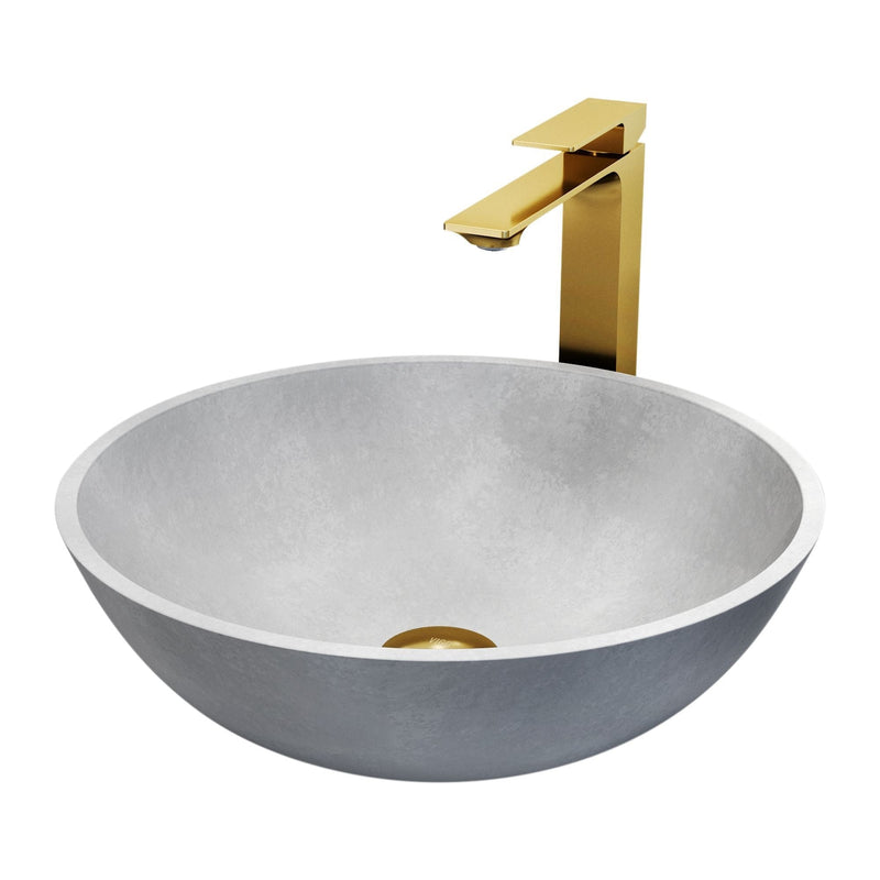 VIGO Ravenna Gothic ConcretoStone Grey Bathroom Sink/Basin Set with Dunn Faucet and Round Vessel T2