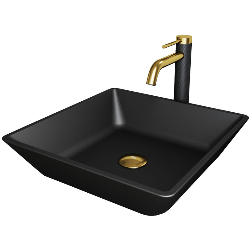 VIGO Roma MatteShell Matte Black Bathroom Sink/Basin Set with Lexington Faucet and Glass Square Vessel G2