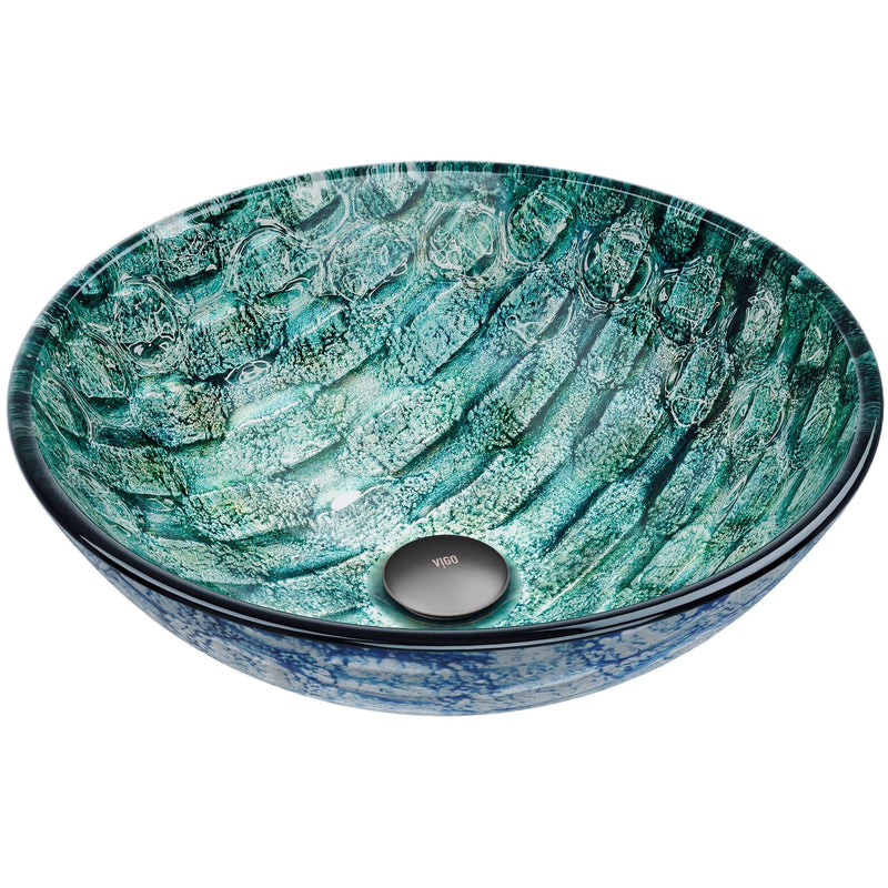 VIGO Round Glass Vessel Bathroom Sink/Basin with Scratch-Resistant Surface, Oceania N2