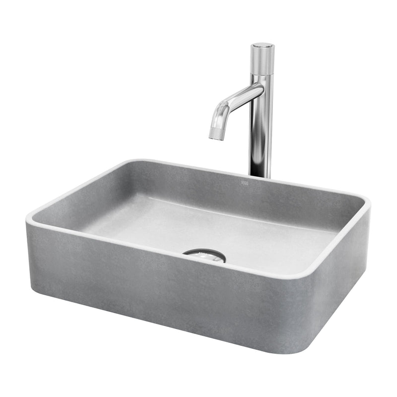VIGO Segovia Gothic ConcretoStone Grey Bathroom Sink/Basin Set with Apollo Faucet and Rectangular Vessel M0