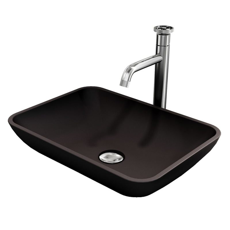 VIGO Sottile MatteShell Matte Black Bathroom Sink/Basin Set with Cass Faucet and Glass Rectangular Vessel R2