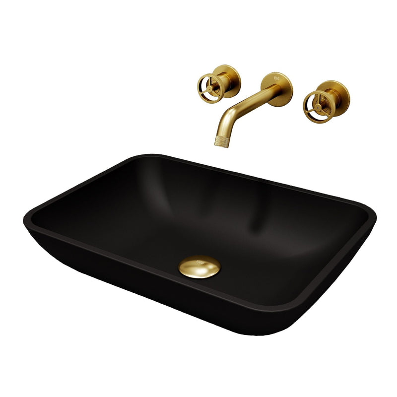 VIGO Sottile MatteShell Matte Black Bathroom Sink/Basin Set with Cass Wall Mount Faucet and Glass Rectangular Vessel C2