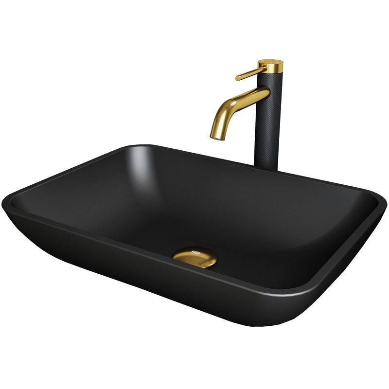 VIGO Sottile MatteShell Matte Black Bathroom Sink/Basin Set with Lexington Faucet and Glass Rectangular Vessel W8