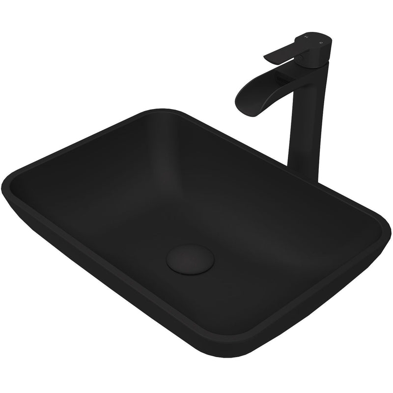 VIGO Sottile MatteShell Matte Black Bathroom Sink/Basin Set with Niko Faucet and Glass Rectangular Vessel A2