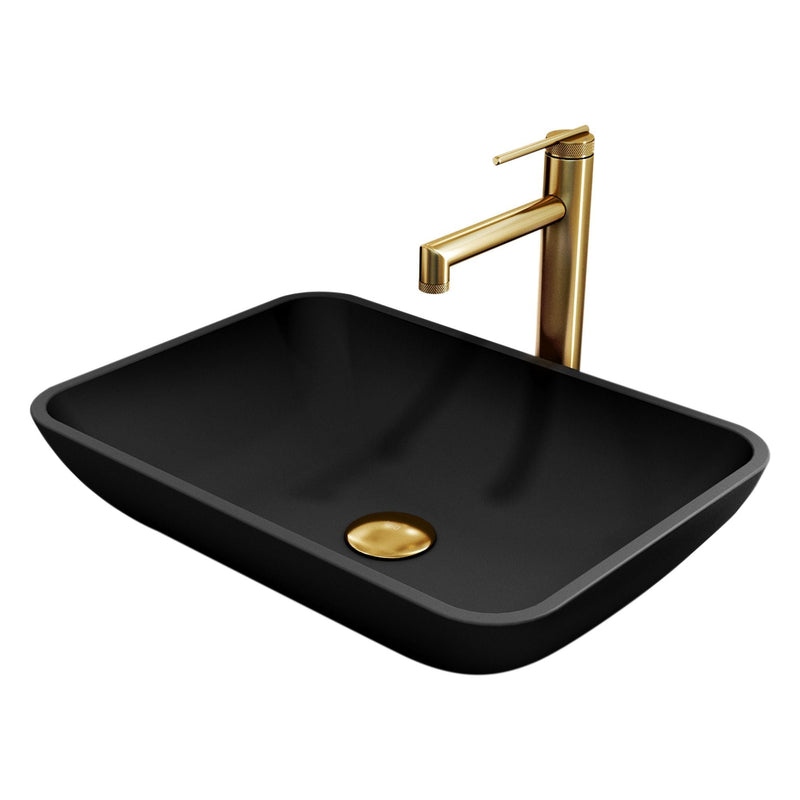 VIGO Sottile MatteShell Matte Black Bathroom Sink/Basin Set with Sterling Faucet and Glass Rectangular Vessel U4