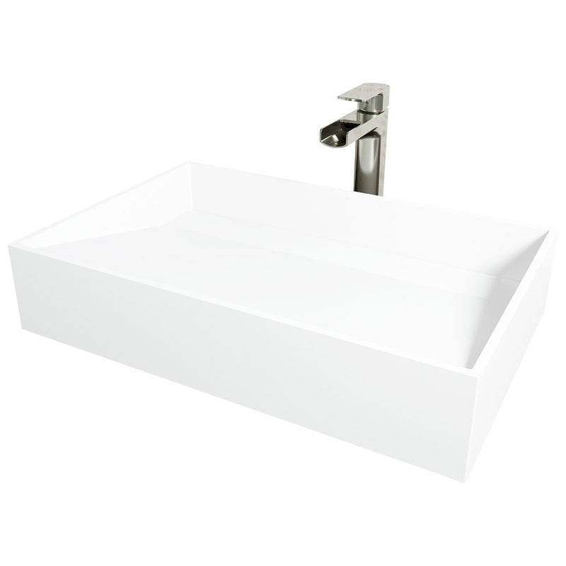 VIGO Starr Glass MatteStone White Bathroom Sink/Basin Set with Amada Faucet and Rectangular Composite Vessel V4