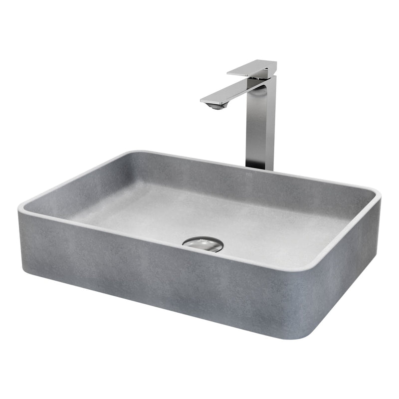 VIGO Tarragona Gothic ConcretoStone Grey Bathroom Sink/Basin Set with Dunn Faucet and Rectangular Vessel Z1