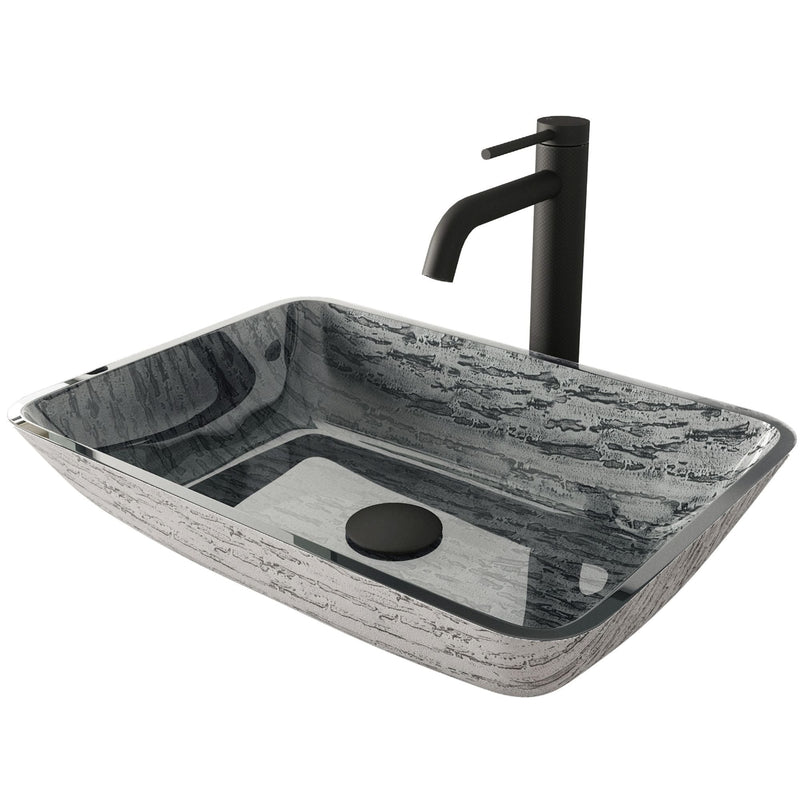VIGO Titanium Glass Slate Grey Bathroom Sink/Basin Set with Lexington Faucet and Rectangular Vessel B2