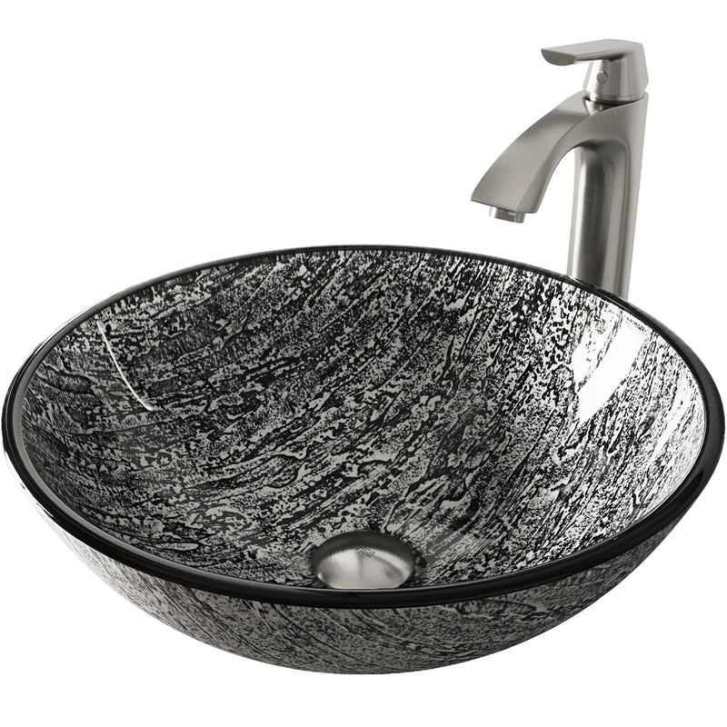 VIGO Titanium Glass Slate Grey Bathroom Sink/Basin Set with Linus Faucet and Round Vessel E6