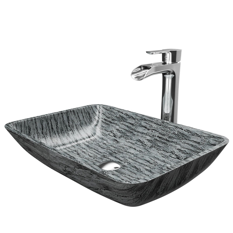 VIGO Titanium Glass Slate Grey Bathroom Sink/Basin Set with Niko Faucet and Rectangular Vessel N0