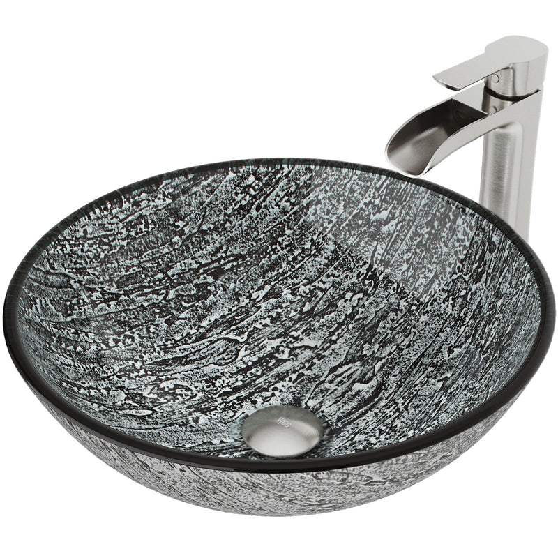 VIGO Titanium Glass Slate Grey Bathroom Sink/Basin Set with Niko Faucet and Round Vessel L3