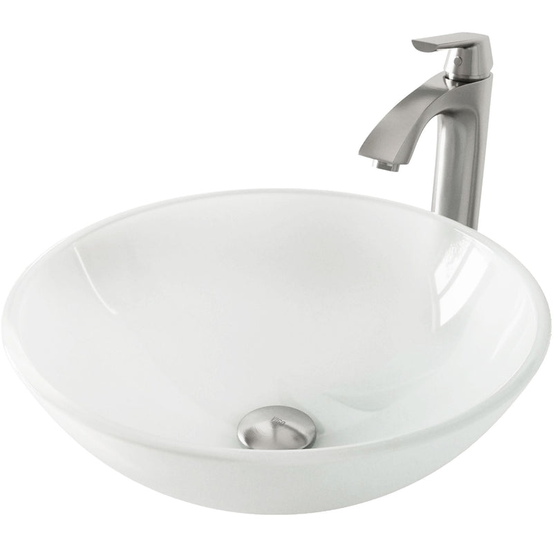 VIGO White Frost White Bathroom Sink/Basin Set with Linus Faucet and Round Glass Vessel U1