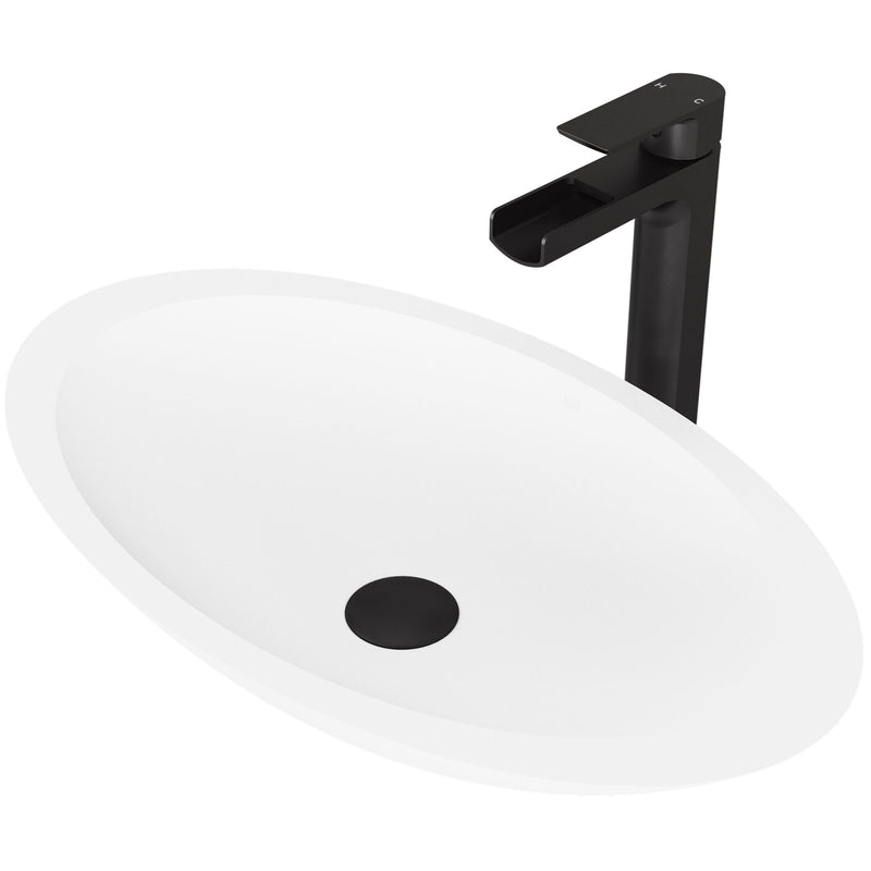 VIGO Wisteria MatteStone White Bathroom Sink/Basin Set with Amada Faucet and Oval Composite Vessel E9
