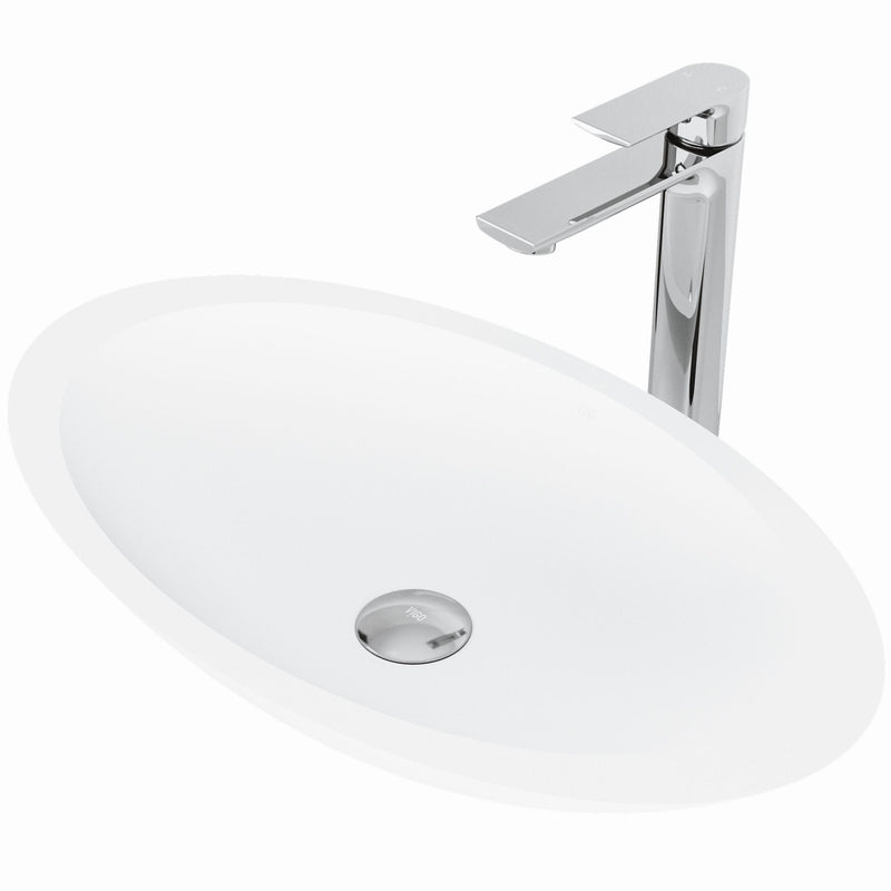 VIGO Wisteria MatteStone White Bathroom Sink/Basin Set with Norfolk Faucet and Oval Composite Vessel U0