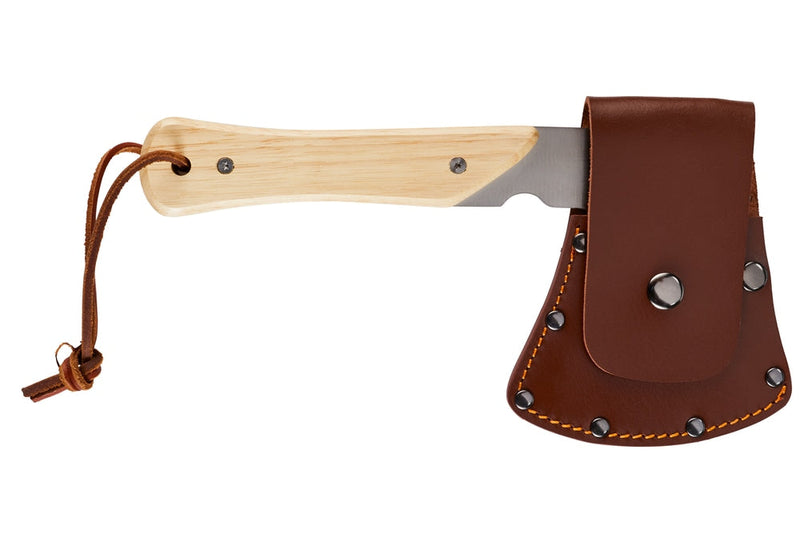Woods Mini Pack Axe, Steel Single-Bit Hatchet Axe with Wooden Handle, Leather Sheath & Strap I2
