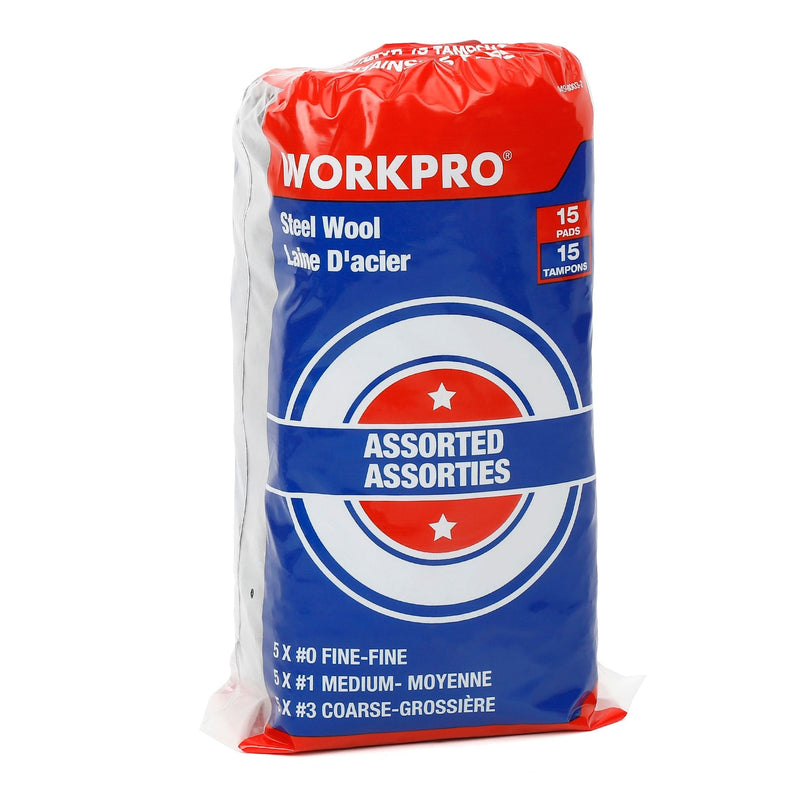 Workpro Steel Wool Pads For Multi-Surface Smoothing & Cleaning, Assorted Grade Pack, 15-pk Y9